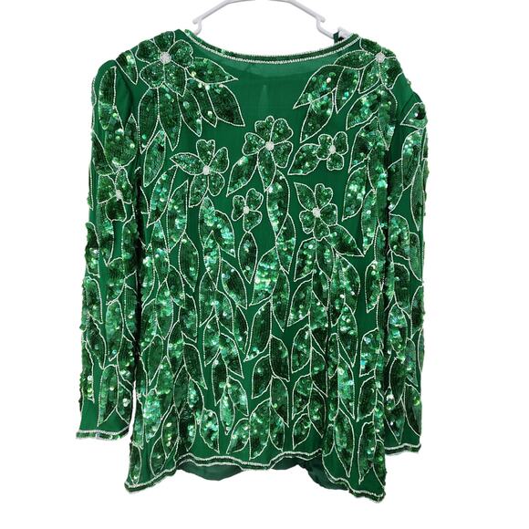 VINTAGE ANUJAN XL SILK ALL OVER BEADED FLORAL LEAF LONG SLEEVE BLOUSE - Picture 1 of 7